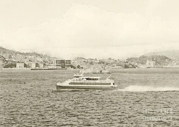 Bergen Art Print featuring the digital art A Passenger Ferry Crossing Bergen Fjord. #2 by Jules Walters