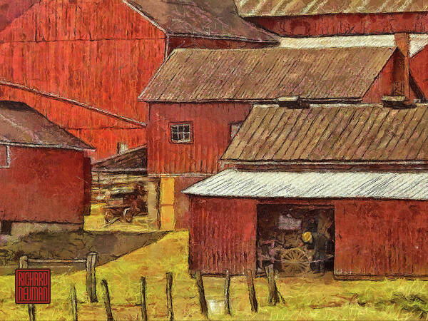 Architectural Abstract Art Art Print featuring the mixed media 278 Architecture Abstract Art Amish Farm Red Barns, Holmes County, Ohio #278 by Richard Neuman Architectural Gifts