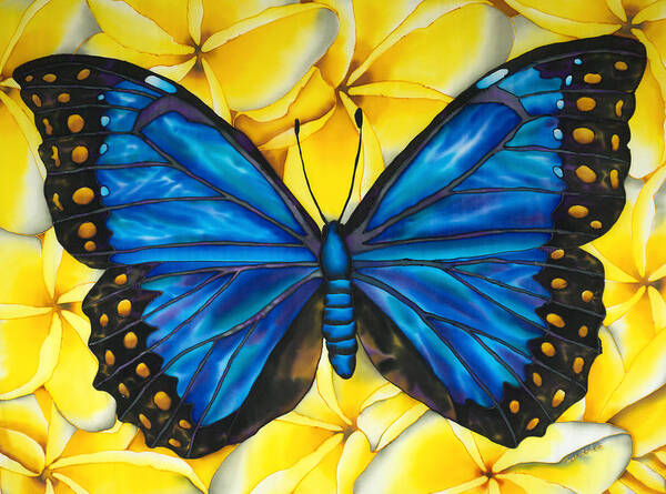 Frangipani Flower Art Print featuring the painting Blue morpho Butterfly #2 by Daniel Jean-Baptiste