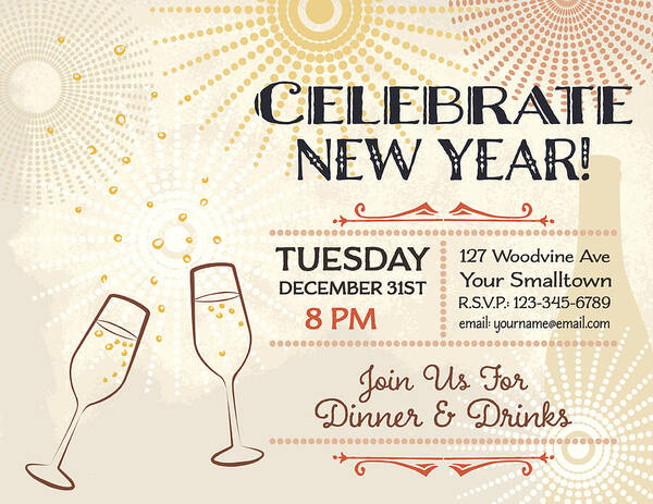 Holiday Art Print featuring the drawing New Year's Eve Party Invitation Template #4 by Diane Labombarbe