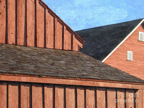 Red Art Print featuring the photograph A view of red farm buildings forms geometric shapes by William Kuta