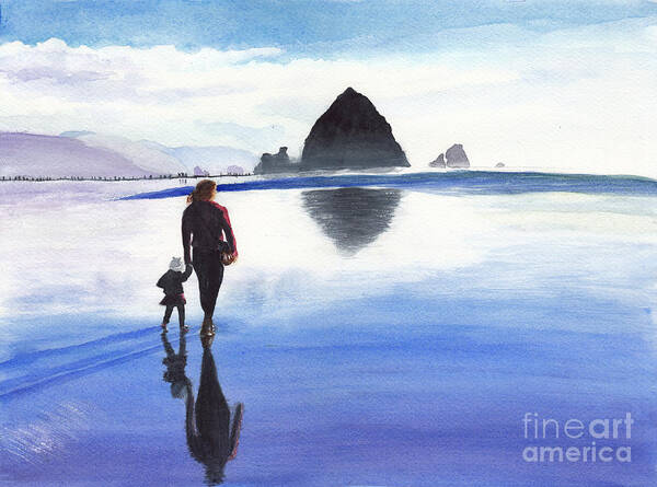 Woman And Girl Walking On Beach Art Print featuring the painting A Watery Walk to Haystack Rock, Oregon by Conni Schaftenaar