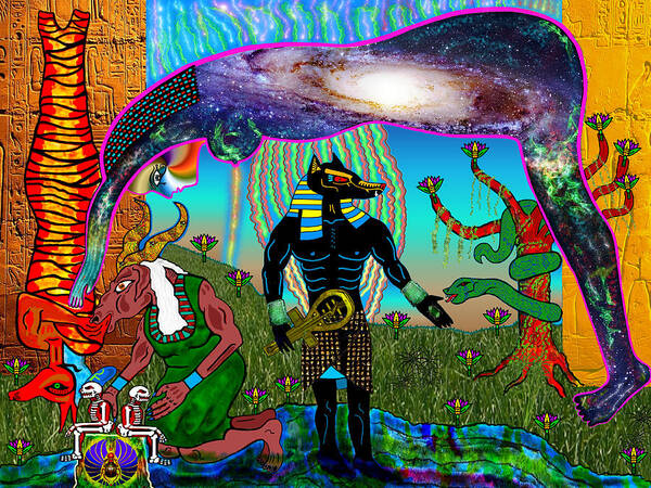 Anubis Art Print featuring the mixed media Anubis and Nut Ceremony by Myztico Campo