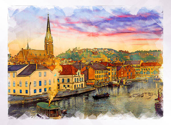 Arendal Art Print featuring the digital art Arendal c. 1910 by Geir Rosset
