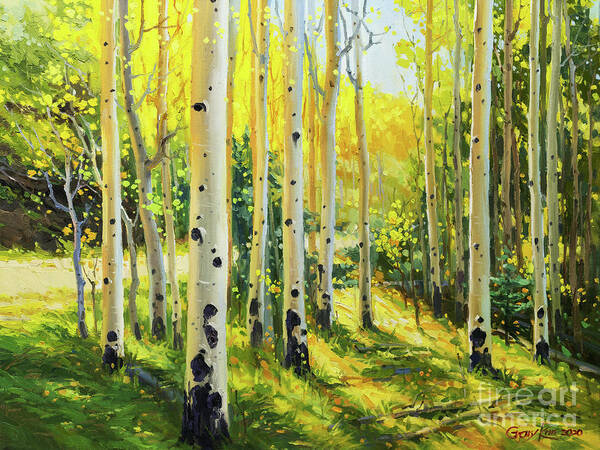 Aspen Vista Santa Fe Nm Aspen Trees Mood Art Print featuring the painting Aspen Vista in Santa Fe New Mexico by Gary Kim