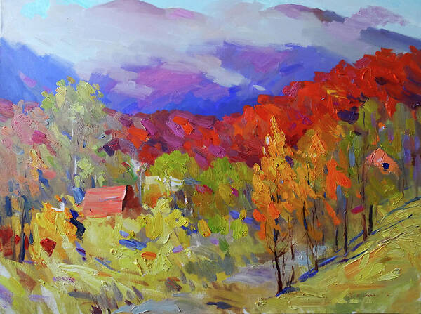 Autumn Art Print featuring the painting Autumn Morning in the Mountains by Olena Kishkurno