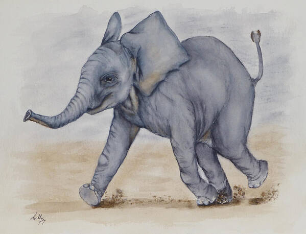 The Playroom Art Print featuring the painting Baby Elephant Run by Kelly Mills