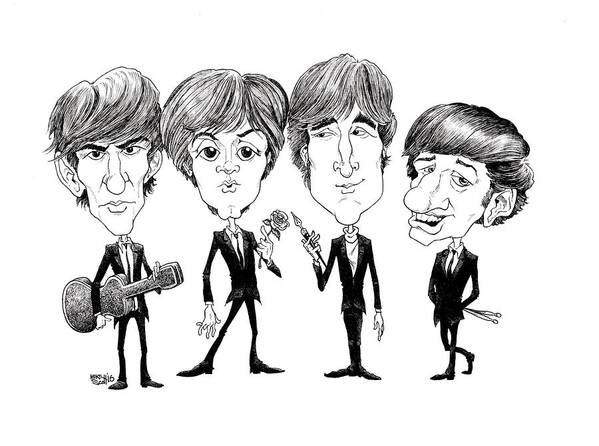 Caricature Art Print featuring the drawing Beatles 1965 by Mike Scott