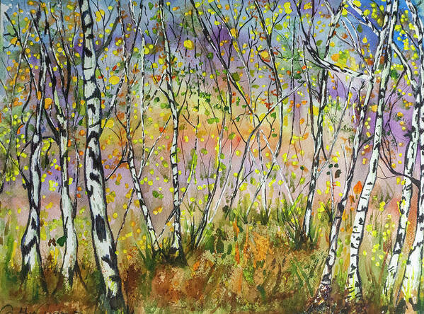 Trees Art Print featuring the painting Birch Grove Watercolor by Cathy Anderson