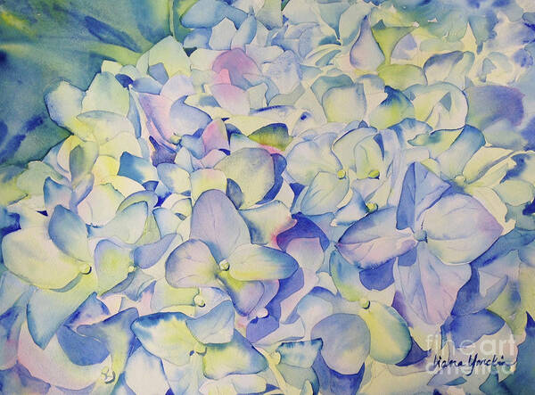 Hydrangeas Art Print featuring the painting Blue Hydrangeas by Liana Yarckin