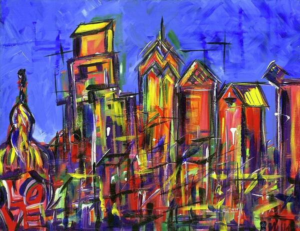 Philly Art Print featuring the painting Blue Philadelphia Skyline with Love by Britt Miller