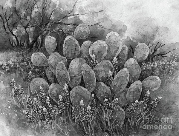 Cactus Art Print featuring the painting Bluebonnets and Cactus 2 in Black and White by Hailey E Herrera
