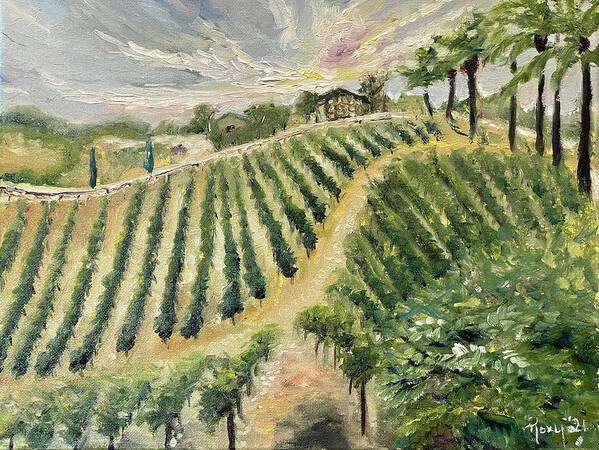 Vineyard Art Print featuring the painting Brendas View at Lorenzi Estate Winery in Temecula by Roxy Rich