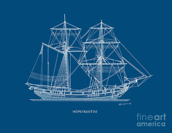 Sailing Vessels Art Print featuring the drawing Brigantine - traditional Mediterranean sailing ship by Panagiotis Mastrantonis