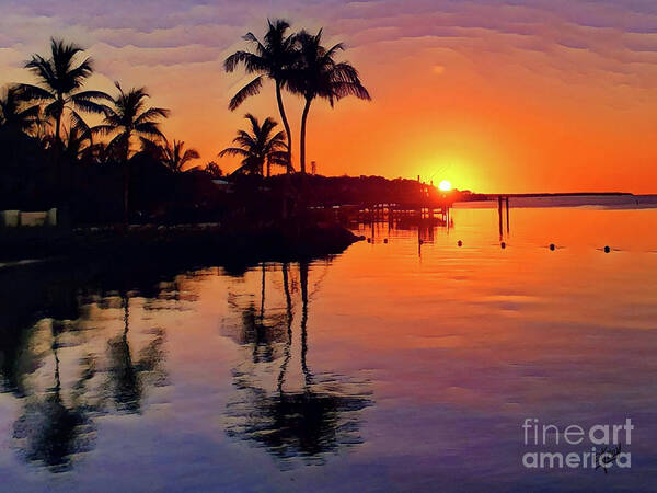 Islamorada Calm Carefree Golden Orange Glow Sunset Violet Reflections Dock Boat Water Peace Serenity Happiness Sky Palm Trees Reflections Eileen Kelly Artistic Aftermath Live Love Light Horizon Hope Art Artist Wall Canvas Prints Art Print featuring the digital art Calm Carefree Reflections by Eileen Kelly