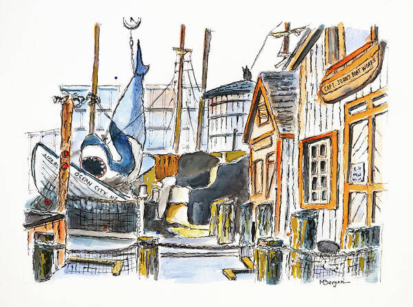 Shark Art Print featuring the drawing Capt John's Boat Works NJ by Mike Bergen