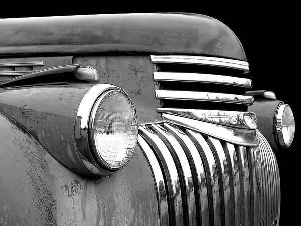 Truck Art Print featuring the photograph Chev grill monochrome by Larry Hunter