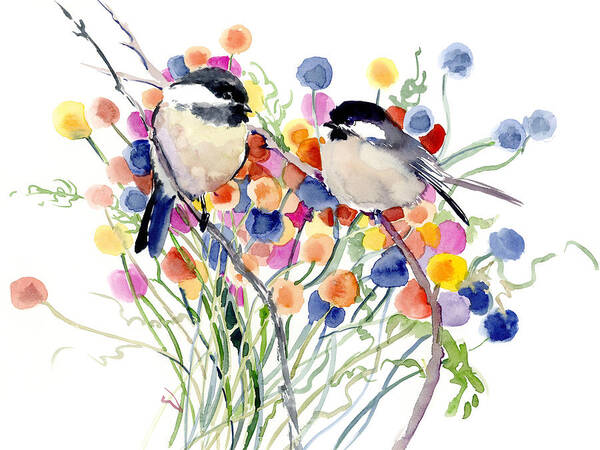 Chickadees and Flowers Art Print by Suren Nersisyan