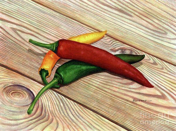 Pepper Art Print featuring the painting Chili Peppers by Hailey E Herrera