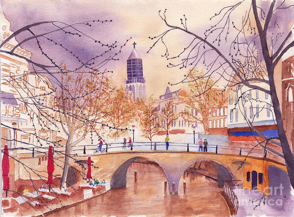 Golden Hour Art Print featuring the painting City Scene with Canal and Bridge in the Golden Hour by Conni Schaftenaar