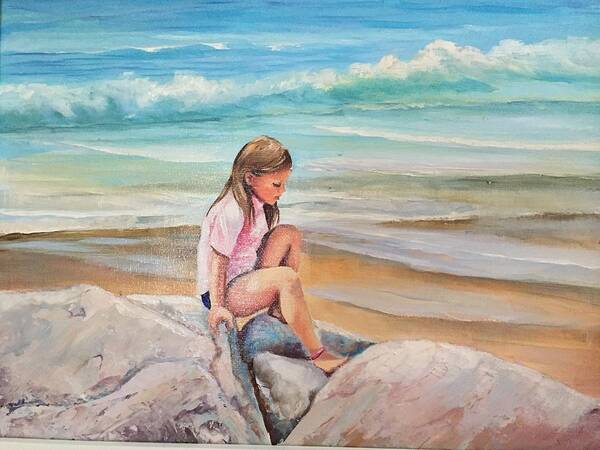 Beach Art Print featuring the painting Climbing on the Rocks by Judy Rixom