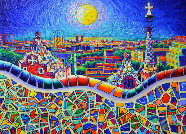 Barcelona Art Print featuring the painting COLORFUL BARCELONA PARK GUELL MAGIC NIGHT BY MOON palette knife oil painting by Ana Maria Edulescu by Ana Maria Edulescu