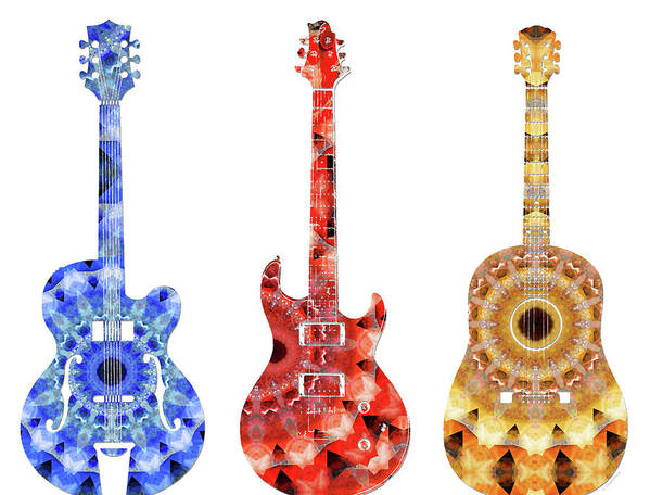 Guitar Art Print featuring the painting Colorful Mandala Guitars Music Art by Sharon Cummings