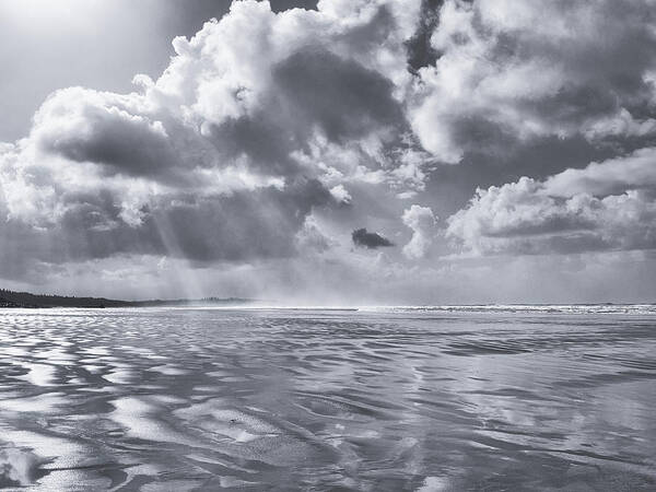Landscape Art Print featuring the photograph Combers Beach and Sunrays Black and White by Allan Van Gasbeck
