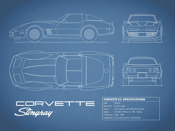 Chevrolet Corvette Art Print featuring the photograph Corvette C3 Blueprint by Mark Rogan