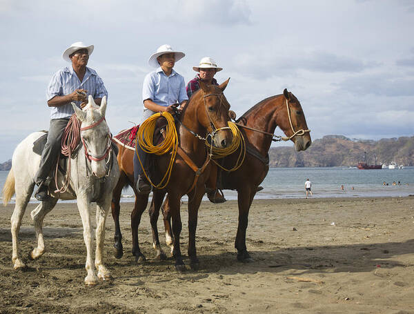 Horse Art Print featuring the photograph Costa Rican cowboys on the beach in Playas del Coco by Fertnig
