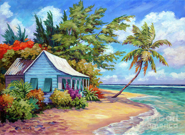 Bright Art Print featuring the painting Cottage at the Water's Edge by John Clark