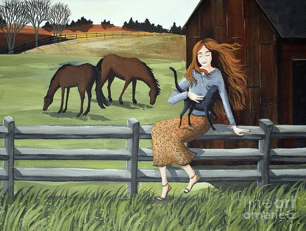 Country Art Print featuring the painting Country Girl farm horse cat by Debbie Criswell