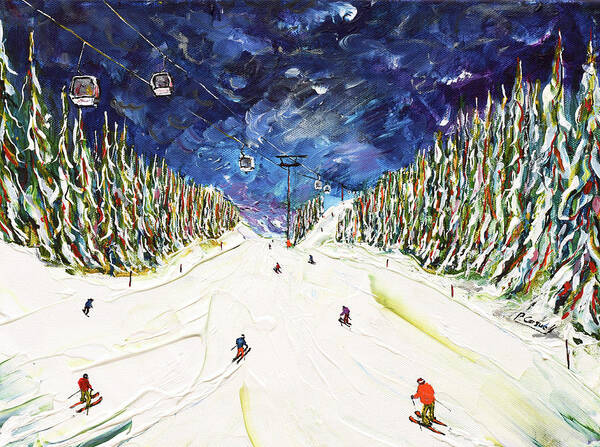 Ski Art Print featuring the painting Courchevel Ski Print under Verdons Gondola by Pete Caswell