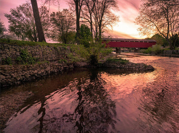 Covered Art Print featuring the photograph Covered Bridge Sunset on the River by Jason Fink