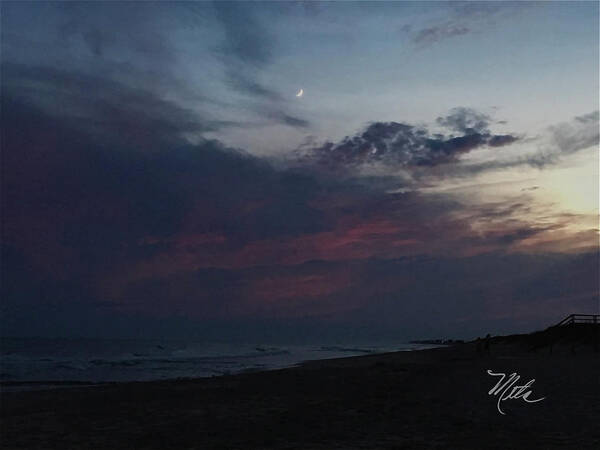 Crescent Moon At Beach Art Print featuring the photograph Crescent Moon at Beach by Meta Gatschenberger