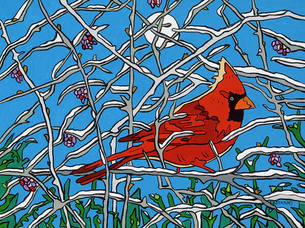 Cardinal December Art Print featuring the painting December Perch by Mike Stanko