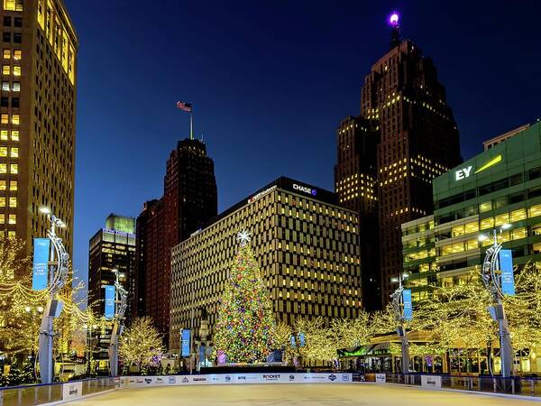 Detroit Art Print featuring the photograph Detroit Campus Martius Rink and Christmas Tree IMG_6330 by Michael Thomas
