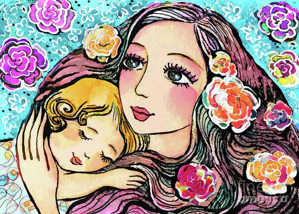 Mother And Child Art Print featuring the painting Dreaming in Roses by Eva Campbell