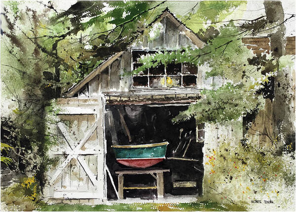 A Small Boat Rests On Sawhorses In A Tool Shed At Round Pond Art Print featuring the painting End Of The Season by Monte Toon