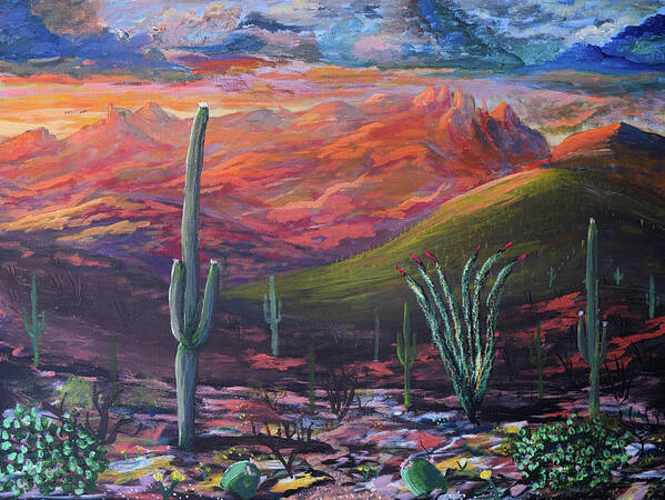 Southwest Art Print featuring the painting Finger Rock Sunset, Catalina Mountains, Tucson Arizona by Chance Kafka