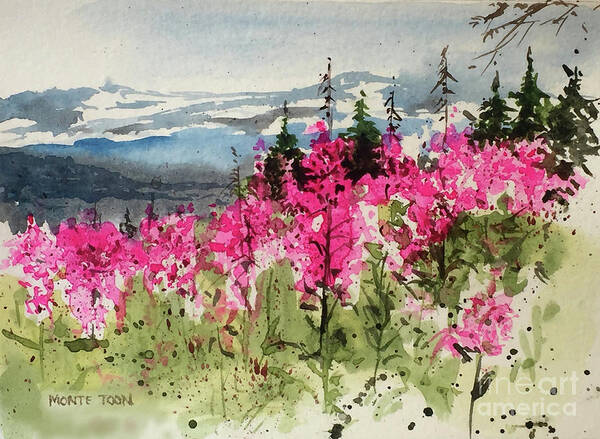 A Fireweed Covered Hill In Alaska. Art Print featuring the painting Fireweed by Monte Toon