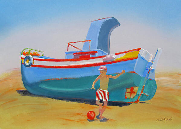 Boy Art Print featuring the painting Fishing Boat Tavira with Soccer by Charles Stuart