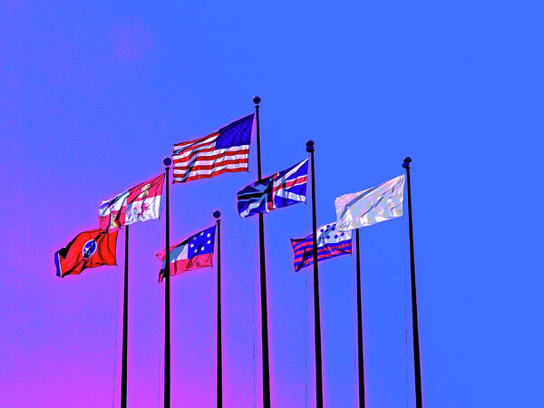 America Art Print featuring the digital art Flags Against A Blue And Fuchsia Sky by David Desautel