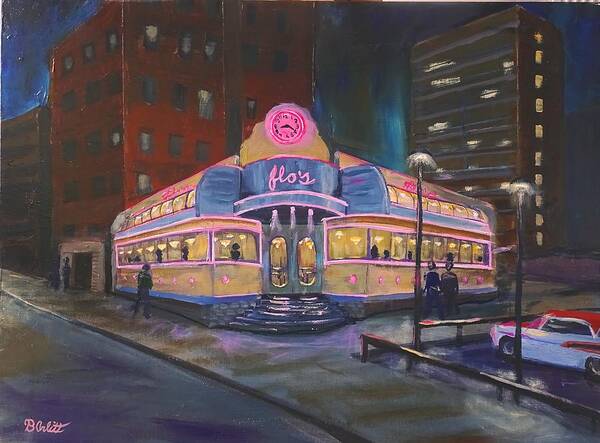 Flos Art Print featuring the painting Flo's Diner Yorkville by Brent Arlitt