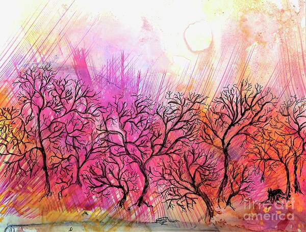 Trees Art Print featuring the painting Forest on Fire Painting by Patty Donoghue