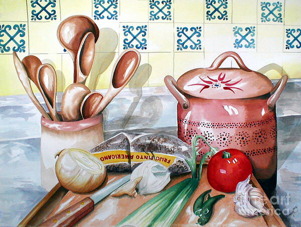 Kitchen Watercolor Painting Art Print featuring the painting Frijoles Charros by Kandyce Waltensperger