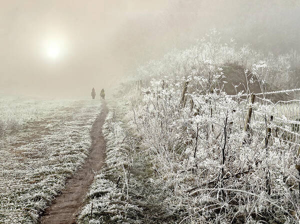 Artistic Art Print featuring the photograph Frosty Winter Morning - Romantic Duo Horsemen Ride by Tatiana Bogracheva
