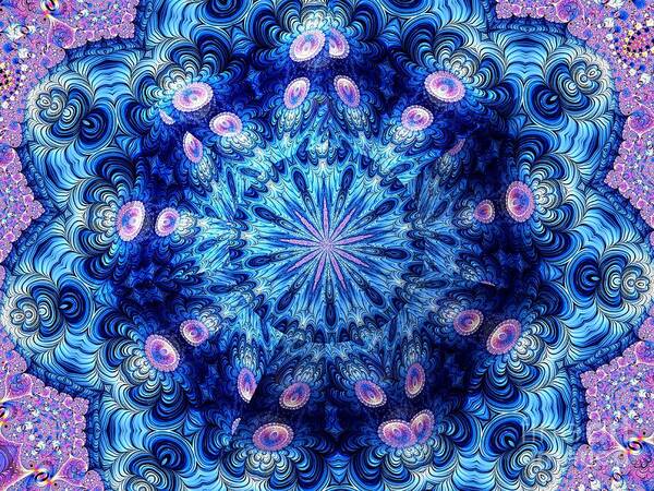 Garden Of Abalone Shells Floating On The Blue Lagoon Fractal Abstract Kaleidoscope Art Print featuring the digital art Garden of Abalone Shells Floating On The Blue Lagoon Fractal Abstract Kaleidoscope by Rose Santuci-Sofranko