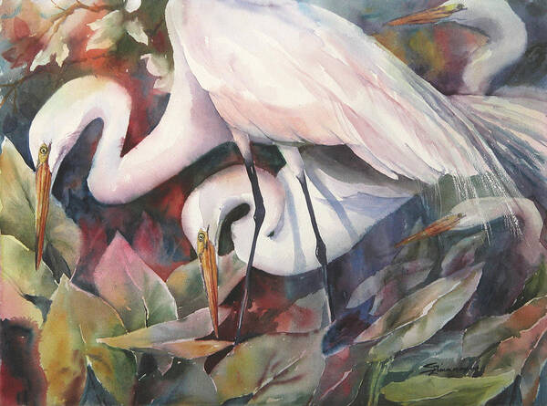 Great Egret Art Print featuring the painting Gathering egrets by Sue Zimmermann