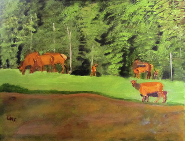 Elks Art Print featuring the painting Gathering of Elks by Linda Feinberg